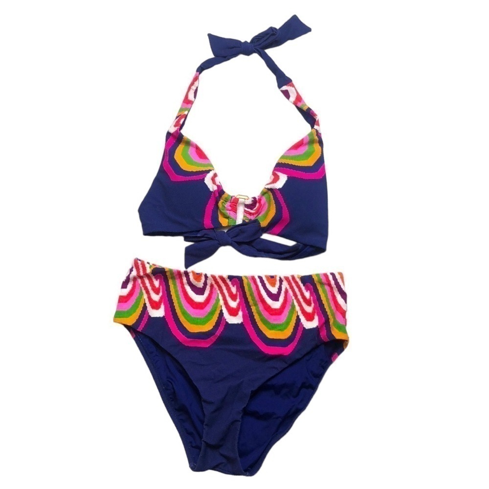 New - TRINA TURK Blue and Multi-Color Scallop Knit High Waist Bikini Set Size 8